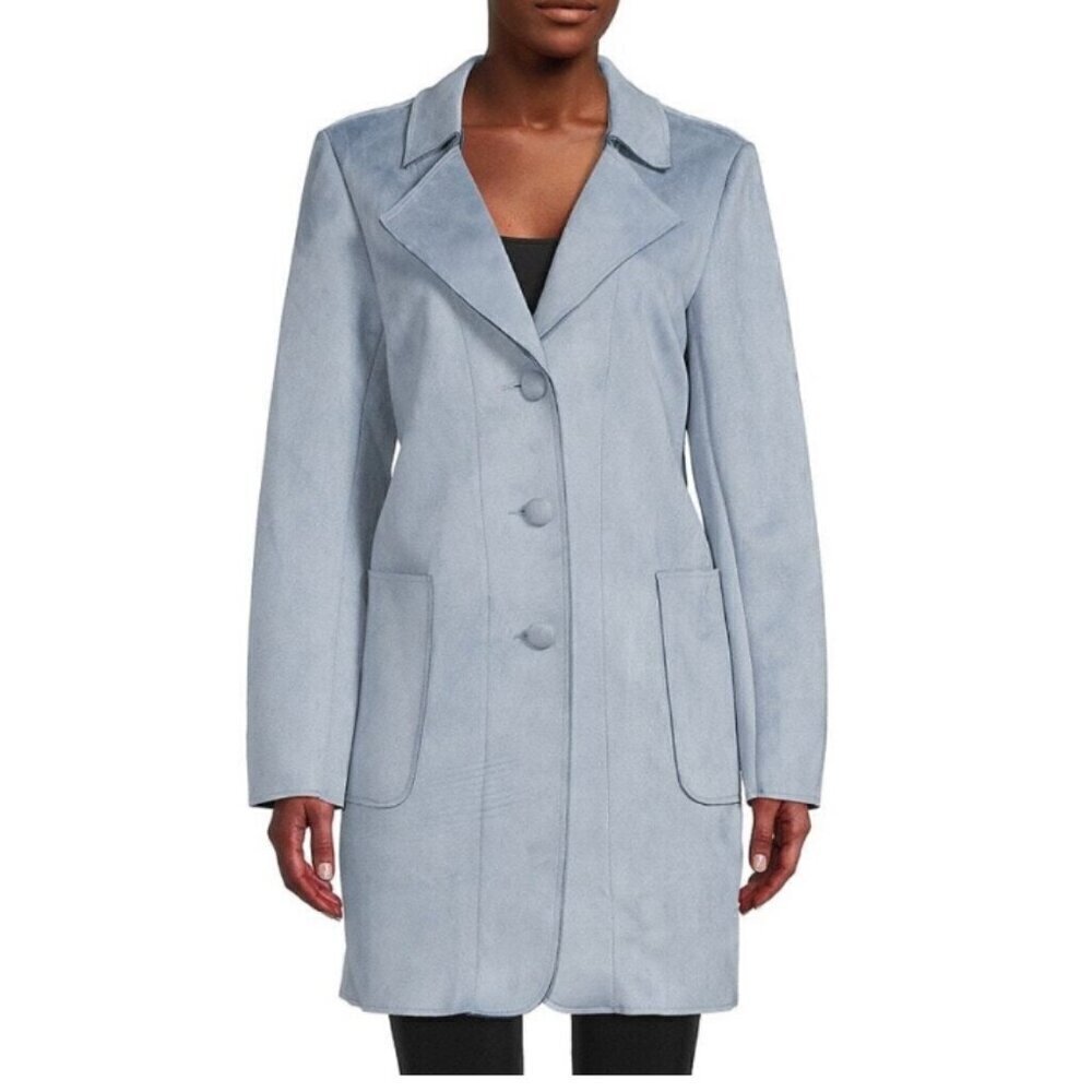Magaschoni Women's Size Large Light Blue Faux Suede Career Wear Button Long Coat